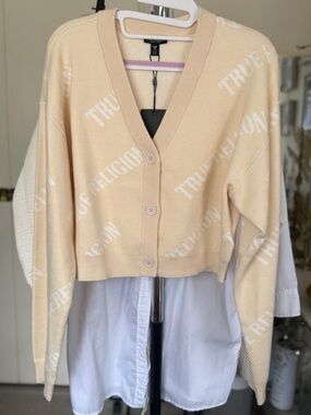 True Religion Cream Logo Cropped Button-Up Cardigan
